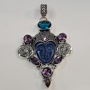 Sterling Silver Pendant with Blue Carved Face and Amethyst Accents